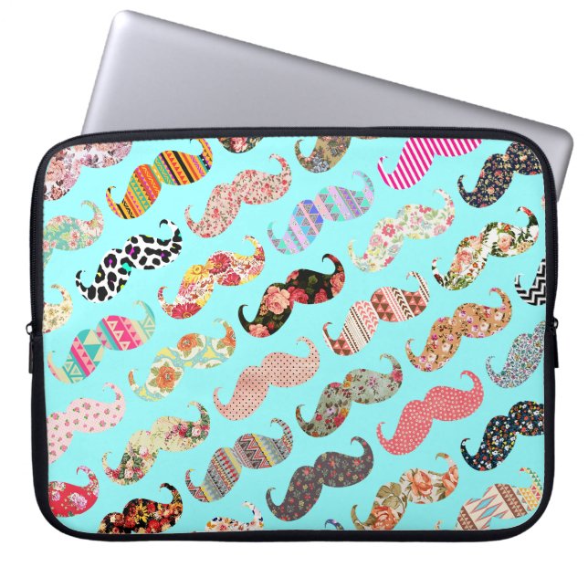 Funny Girly Colourful Aztec Patterns Moustaches Laptop Sleeve (Front)