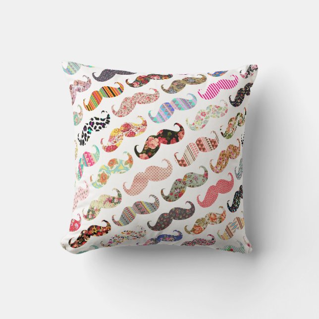 Funny Girly  Colourful Patterns Moustaches Cushion (Front)
