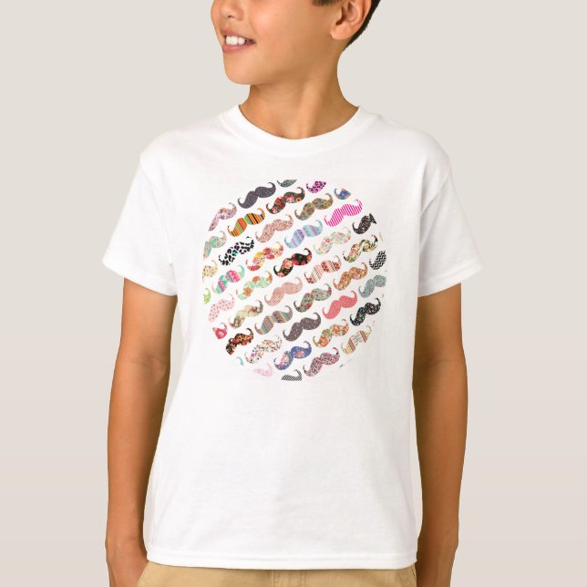 Funny Girly  Colourful Patterns Moustaches T-Shirt (Front)