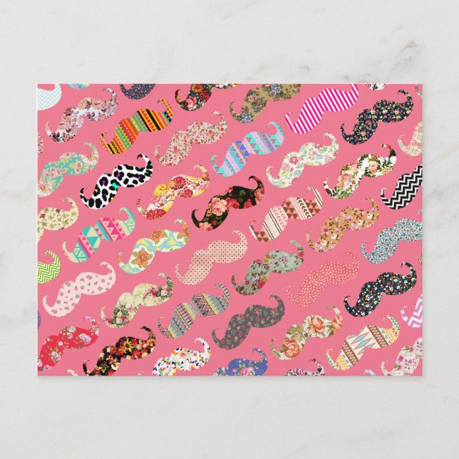 Funny Girly Colourful Pink Aztec Patterns Moustach Postcard (Front)