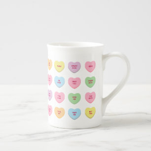 Funny girly cute custom conversation candy hearts bone china mug