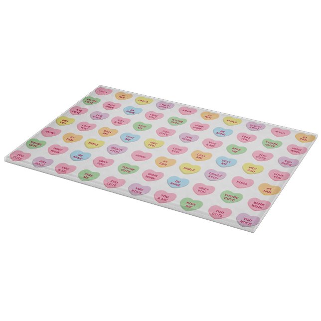 Funny girly cute custom conversation candy hearts cutting board (Corner)