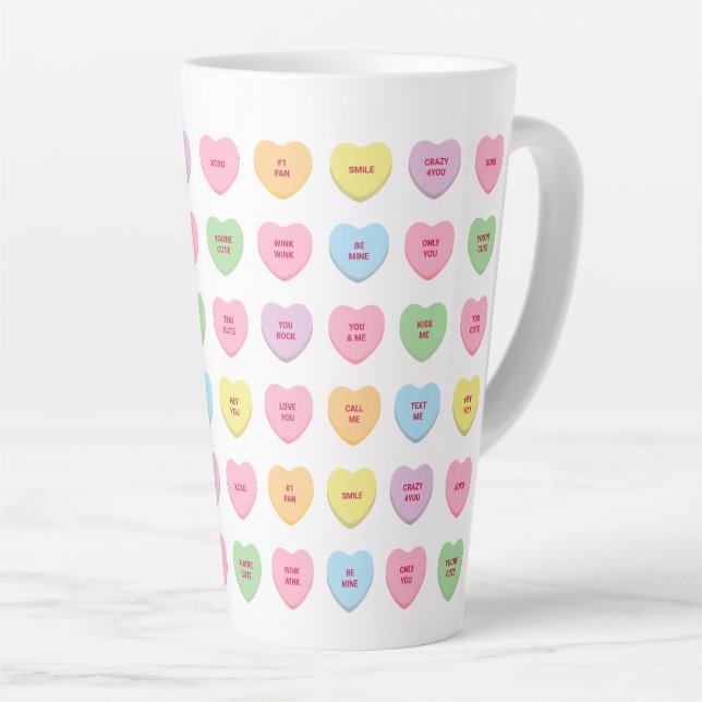 Funny girly cute custom conversation candy hearts latte mug (Right Angle)