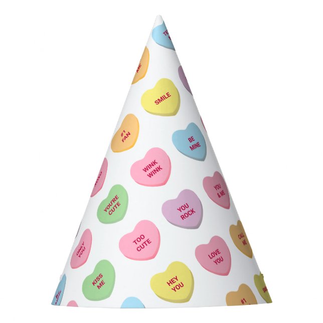 Funny girly cute custom conversation candy hearts party hat (Front)