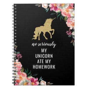 Funny Girly Floral Gold Glitter Unicorn Notebook