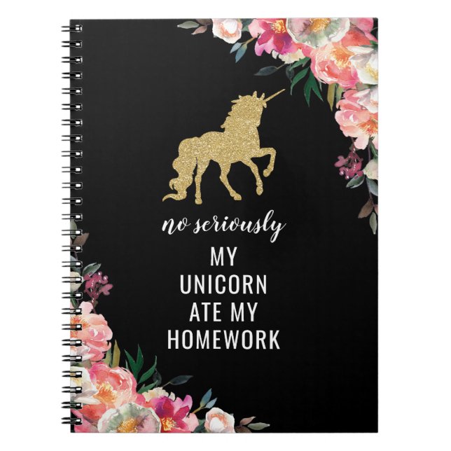Funny Girly Floral Gold Glitter Unicorn Notebook (Front)