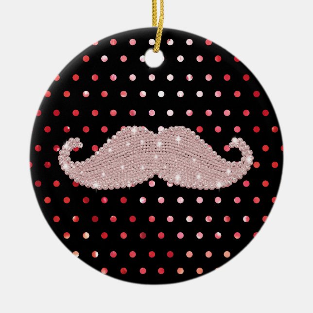 Funny Girly Pink Bling Moustache Polka Dots Ceramic Ornament (Front)