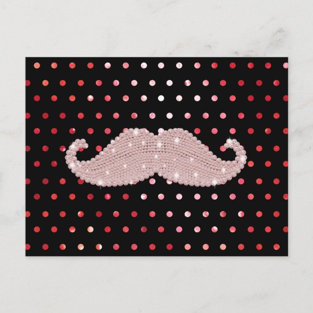 Funny Girly Pink Bling Moustache Polka Dots Patter Postcard (Front)