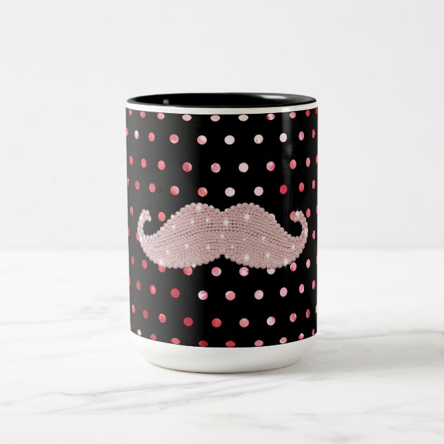Funny Girly Pink Bling Moustache Polka Dots Two-Tone Coffee Mug (Center)