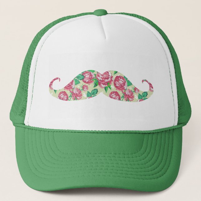 Funny Girly Pink Green White Floral Moustache Trucker Hat (Front)