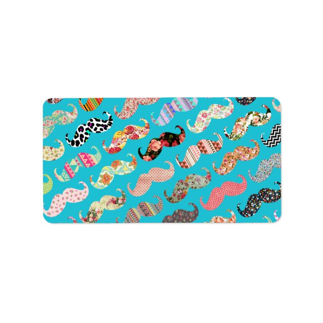 Funny Girly Turquoise Floral Aztec Moustaches Label (Front)