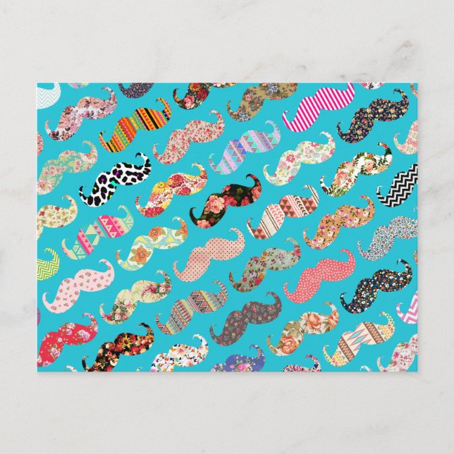 Funny Girly Turquoise Floral Aztec Moustaches Postcard (Front)