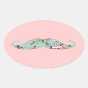 Funny Girly Vintage Red Pink Floral Moustache Oval Sticker