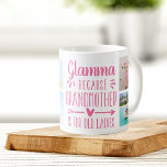 Funny Glamma Grandchildren Names & Photo Collage Coffee Mug<br><div class="desc">A perfect gift for a grandma who hates being called grandmother, this cute and funny Glamma mug features the saying "Glamma - because grandmother is for old ladies" in a collage of five photos of her grandchildren. Personalise with a custom message, the grandkids' names, and/or the year on a pink...</div>