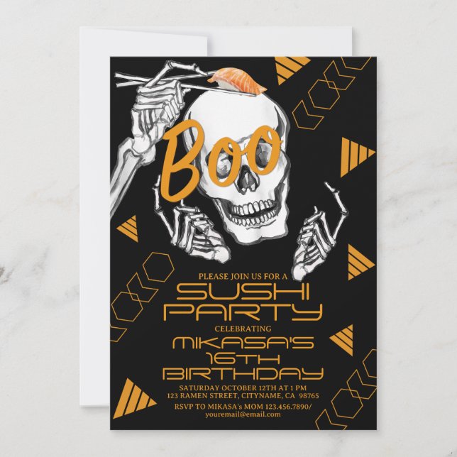 Funny glasses skeleton Sushi Halloween party Invitation (Front)