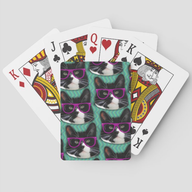 Funny Glasses Tuxedo Cat Cool Epic Pattern Playing Cards (Back)