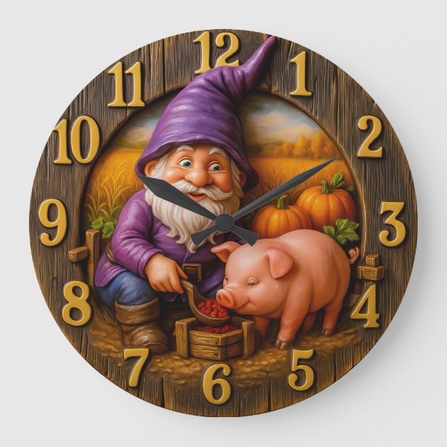 Funny Gnome and Pig in Autumn Harvest Scene clock (Front)
