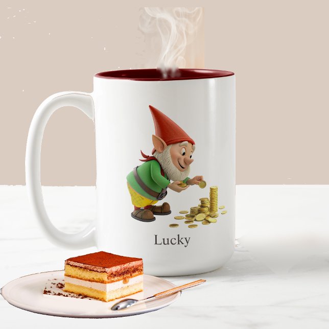 Funny Gnome, Gold Coins, Calligraphy & Monogram Two-Tone Coffee Mug (Creator Uploaded)