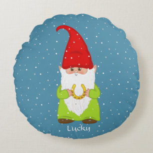 Funny Gnome & Horseshoe on Sapphire Blue Round Cushion