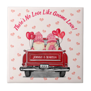 Funny Gnome Love Pink Glitter Hearts Vintage Truck Ceramic Tile