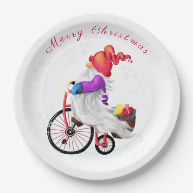 Funny Gnome with Bike and Gifts Christmas Fun Paper Plate (Front)