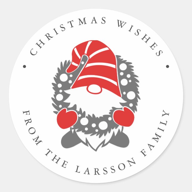 Funny Gnome with Garland Festive Christmas Classic Round Sticker (Front)