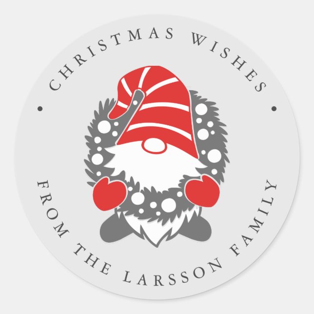 Funny Gnome with Garland Grey Festive address Classic Round Sticker (Front)