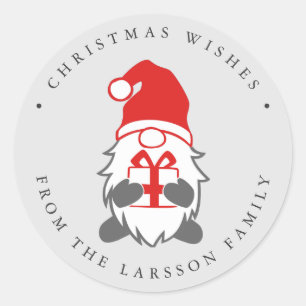 Funny Gnome with Present and Santa  hat Grey Classic Round Sticker
