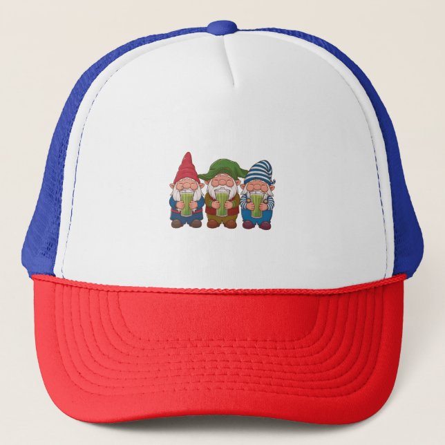 Funny Gnomes Holding a Matcha Drink Magical  Trucker Hat (Front)