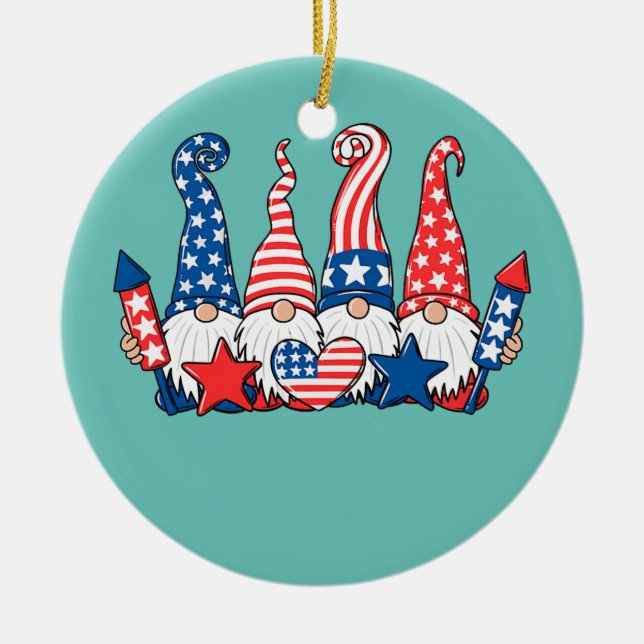 Funny Gnomes Patriotic American Flag Cute Gnomes Ceramic Ornament (Front)