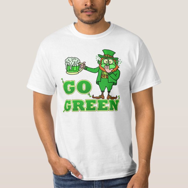Funny "Go Green" Drinking Leprechaun T-Shirt (Front)