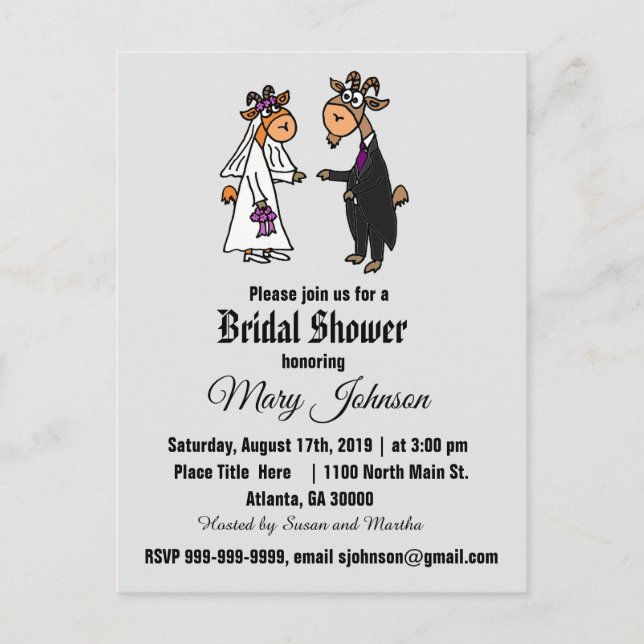Funny Goat Bride and Groom Bridal Shower Invitation Postcard (Front)