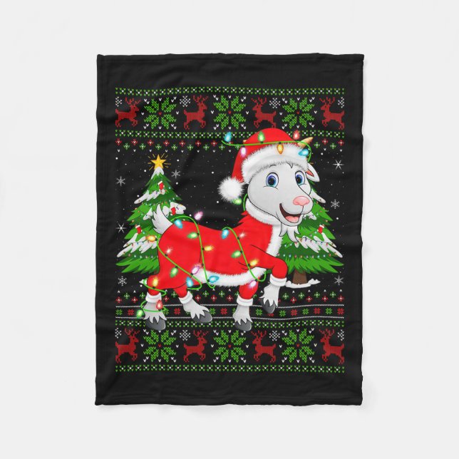 Funny Goat Christmas Lights Santa Costume Ugly Xma Fleece Blanket (Front)