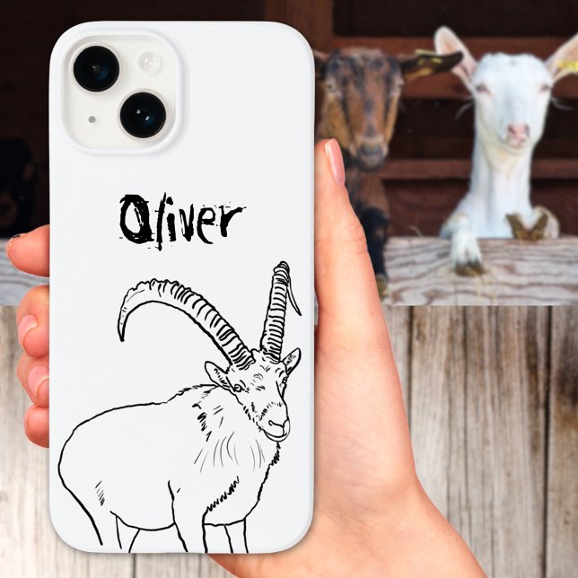 Funny Goat Drawing Black and White add Name Case-Mate iPhone Case (Funny goat illustration black and white quirky farm animal with custom name phone case)