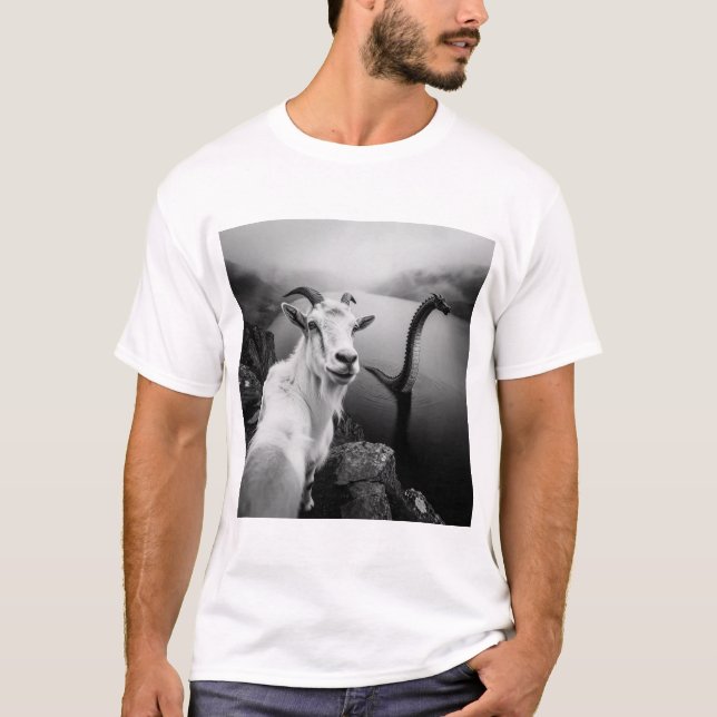 Funny Goat Selfie with Loch Ness Monster T-Shirt  (Front)