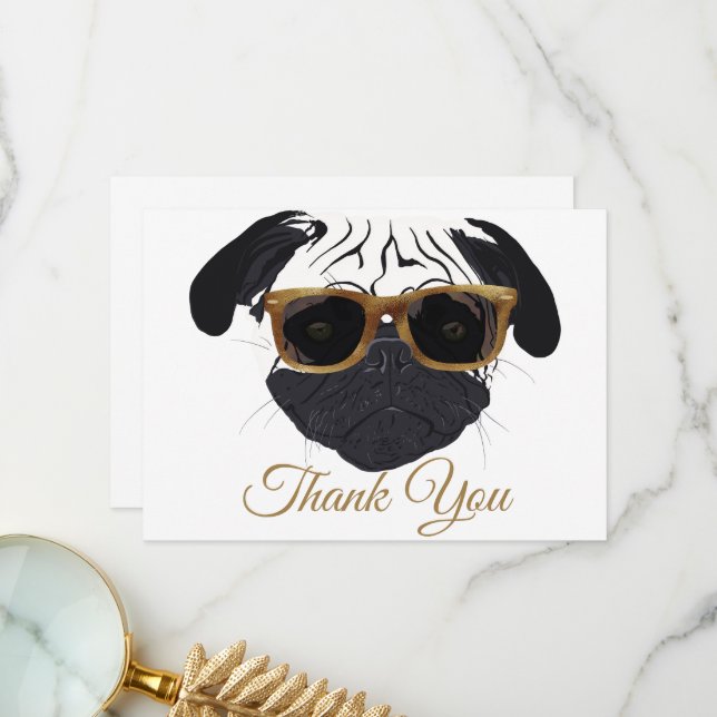 Funny Golden Glasses Pug Dog Illustration Thank You Card (Front/Back In Situ)