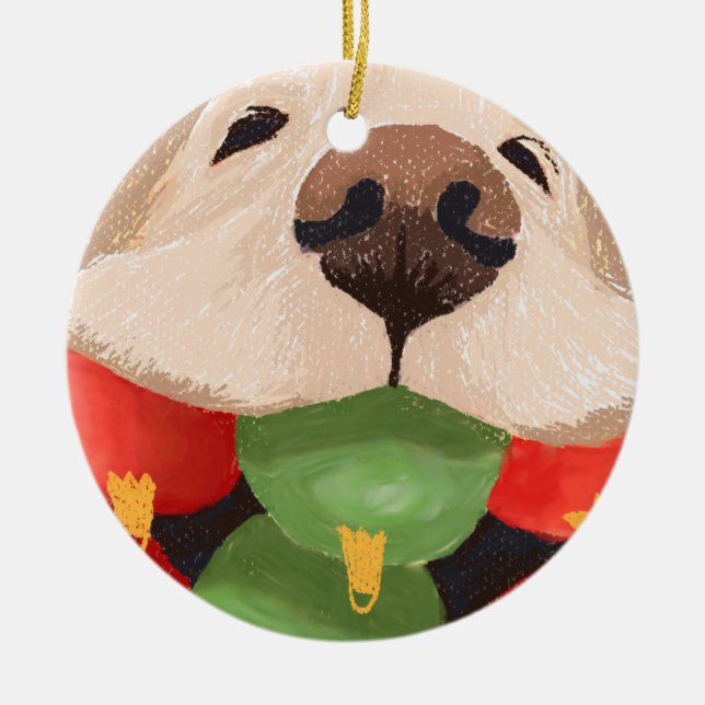 Funny Golden Retriever Christmas Balls Mouth Ceramic Ornament (Front)