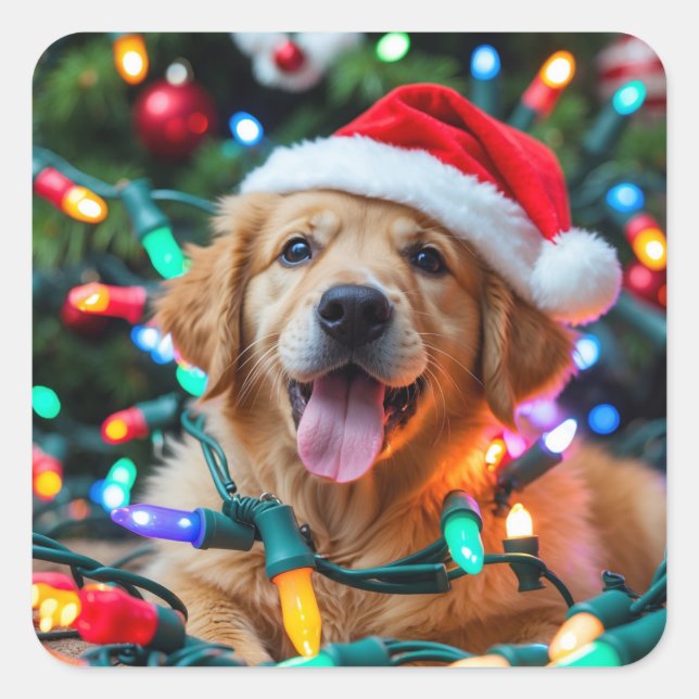 Funny Golden Retriever Christmas Design – Puppy Square Sticker (Front)