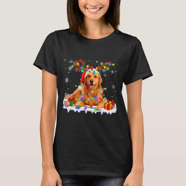 Funny Golden Retriever Christmas Santa Hat Reindee T-Shirt (Front)
