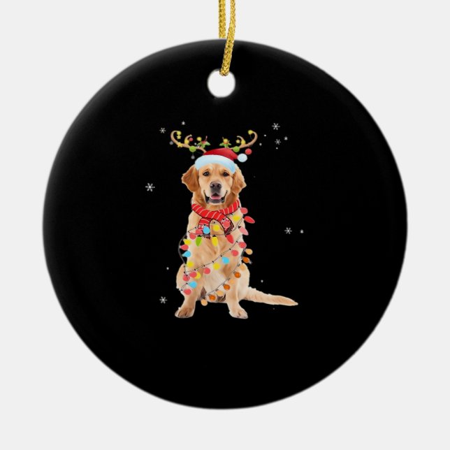 Funny Golden Retriever Christmas Tree Santa Reinde Ceramic Ornament (Front)
