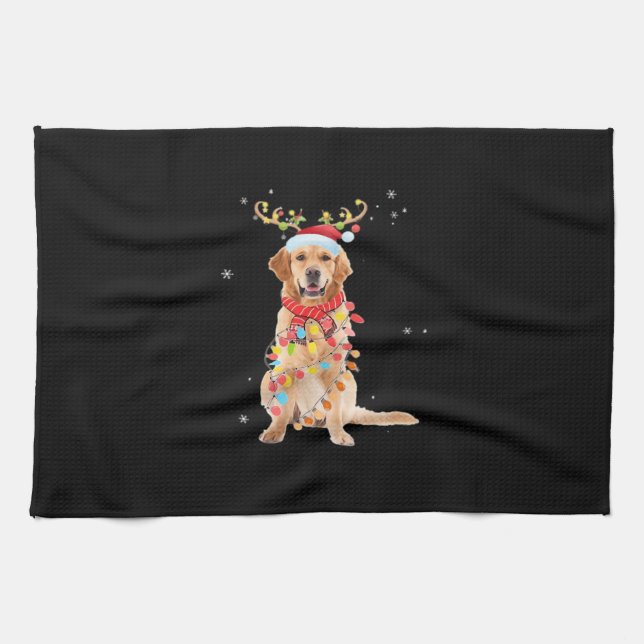 Funny Golden Retriever Christmas Tree Santa Reinde Tea Towel (Horizontal)