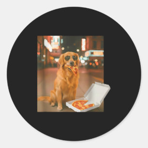 Funny golden retriever dog eating pizza meme night classic round sticker