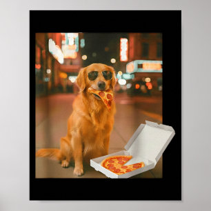 Funny golden retriever dog eating pizza meme night poster