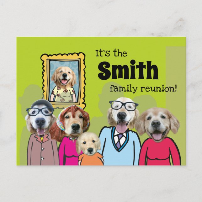 Funny Golden Retriever Dog Family Reunion Announcement Postcard (Front)
