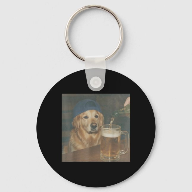 Funny Golden Retriever Drinking Beer Meme Graphic Key Ring (Front)