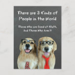 Funny Golden Retriever Math Joke Postcard<br><div class="desc">This postcard features a pair of golden retriever dogs dressed as math "nerds" who are standing in front of a chalkboard. The joke reads, "There are three kinds of people in the world. Those who are good at math, and those who aren't." Perfect for the teacher or student in your...</div>