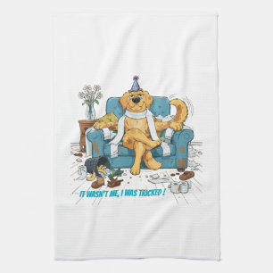 Funny Golden Retriever Messy Birthday Dog Mischiev Tea Towel