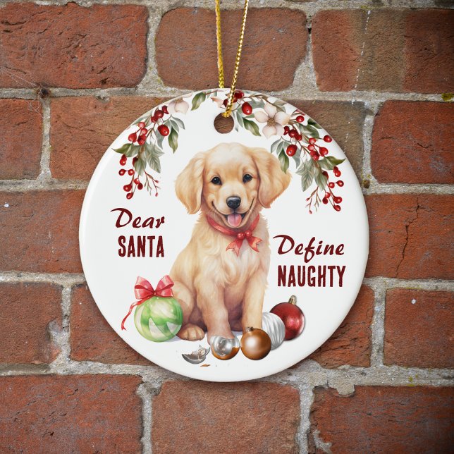 Funny Golden Retriever Pup Define Naughty Holiday Ceramic Ornament (Creator Uploaded)
