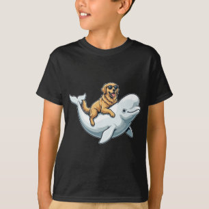 Funny Golden Retriever Riding Beluga Whale Ocean T-Shirt