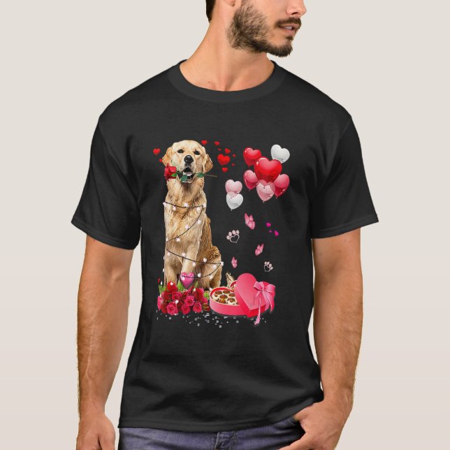 Funny Golden Retriever Rose Heart Happy Valentine  T-Shirt (Front)